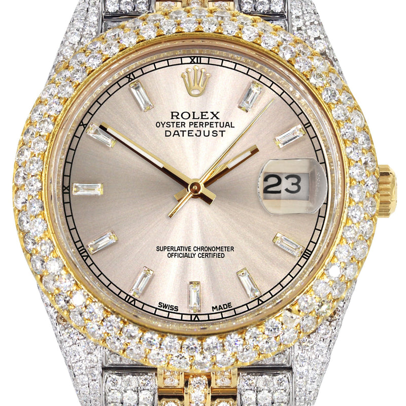 Womens Diamond Iced Out Rolex Datejust 41 | 25 Carats Of Diamonds | Custom Dawn Pink Dial | Two Tone | Two Row | Jubilee Band