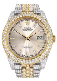 Womens Diamond Iced Out Rolex Datejust 41 | 25 Carats Of Diamonds | Custom Dawn Pink Dial | Two Tone | Two Row | Jubilee Band