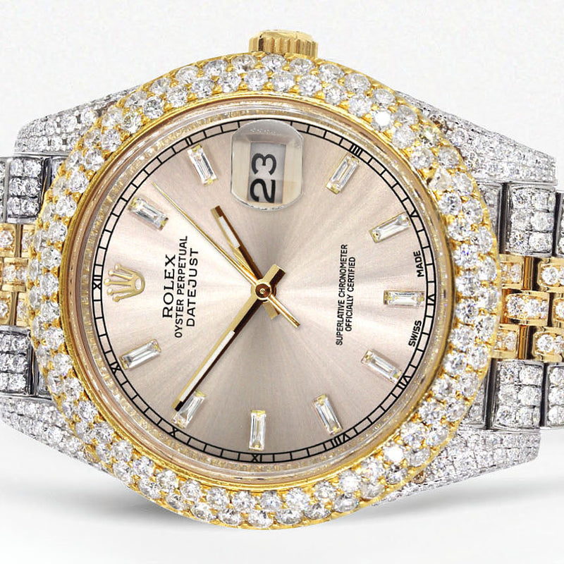 Womens Diamond Iced Out Rolex Datejust 41 | 25 Carats Of Diamonds | Custom Dawn Pink Dial | Two Tone | Two Row | Jubilee Band