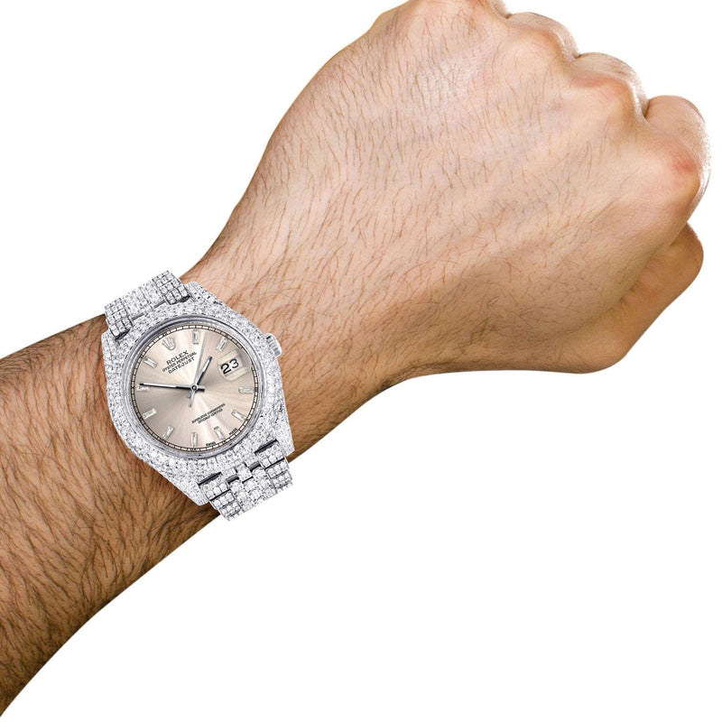 Diamond Iced Out Rolex Datejust 41 | 25 Carats Of Diamonds | Dawn Pink Diamond Dial | Two Row | Jubilee Band