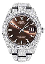 Diamond Iced Out Rolex Datejust 41 | 25 Carats Of Diamonds | Morocco Brown Dial | Two Row | Oyster Band