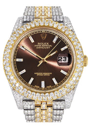 Diamond Iced Out Rolex Datejust 41 | 25 Carats Of Diamonds | Custom Morocco Brown Dial | Two Tone | Two Row | Jubilee Band