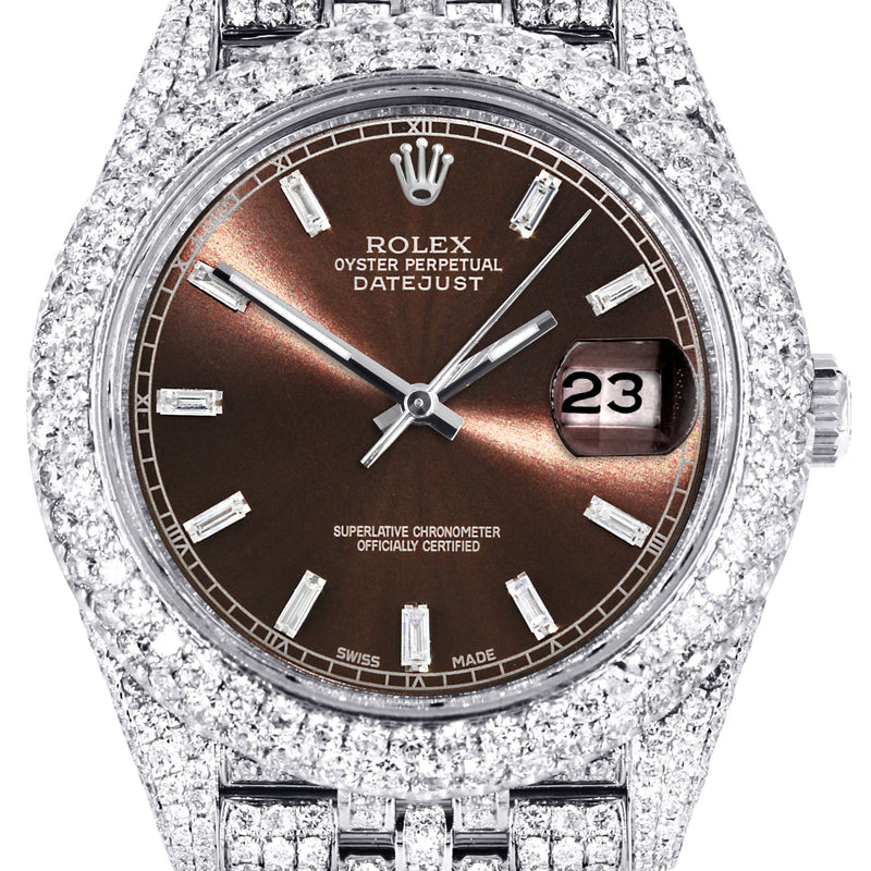 Womens Diamond Iced Out Rolex Datejust 41 | 25 Carats Of Diamonds | Morocco Brown Diamond Dial | Two Row | Jubilee Band