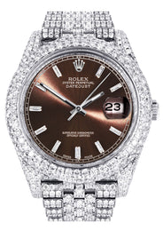 Womens Diamond Iced Out Rolex Datejust 41 | 25 Carats Of Diamonds | Morocco Brown Diamond Dial | Two Row | Jubilee Band