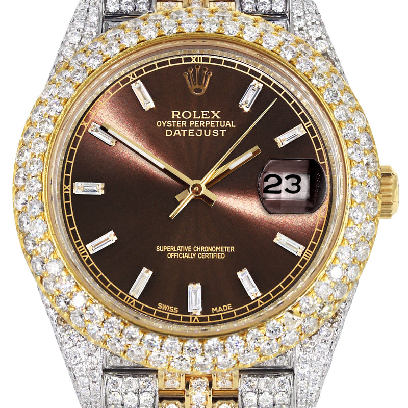 Womens Diamond Iced Out Rolex Datejust 41 | 25 Carats Of Diamonds | Custom Morocco Brown Dial | Two Tone | Two Row | Jubilee Band