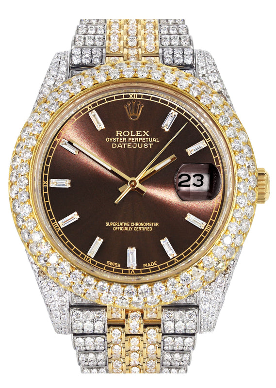 Womens Diamond Iced Out Rolex Datejust 41 | 25 Carats Of Diamonds | Custom Morocco Brown Dial | Two Tone | Two Row | Jubilee Band