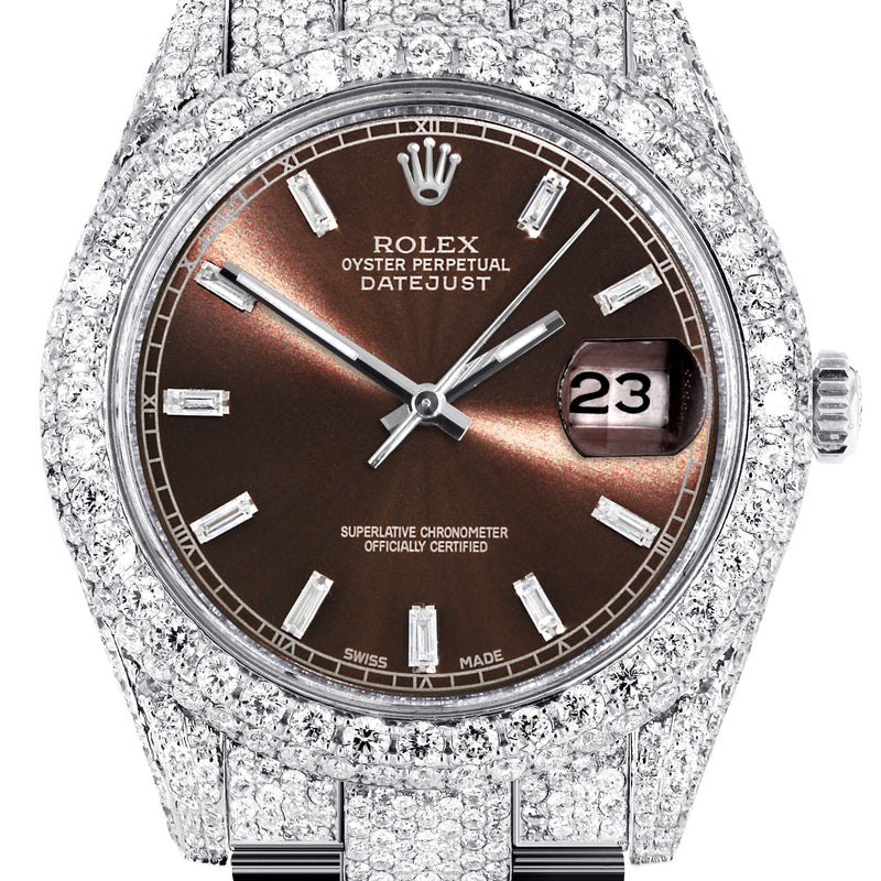 Womens Diamond Iced Out Rolex Datejust 41 | 25 Carats Of Diamonds | Morocco Brown Dial | Two Row | Oyster Band