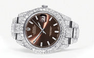 Diamond Iced Out Rolex Datejust 41 | 25 Carats Of Diamonds | Morocco Brown Dial | Two Row | Oyster Band