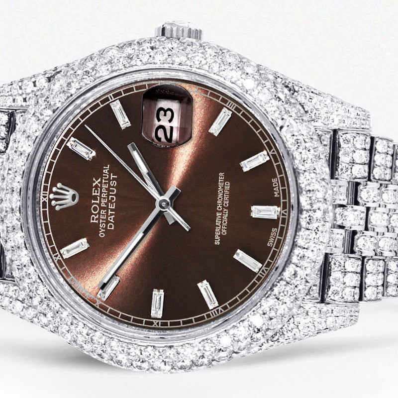 Womens Diamond Iced Out Rolex Datejust 41 | 25 Carats Of Diamonds | Morocco Brown Diamond Dial | Two Row | Jubilee Band