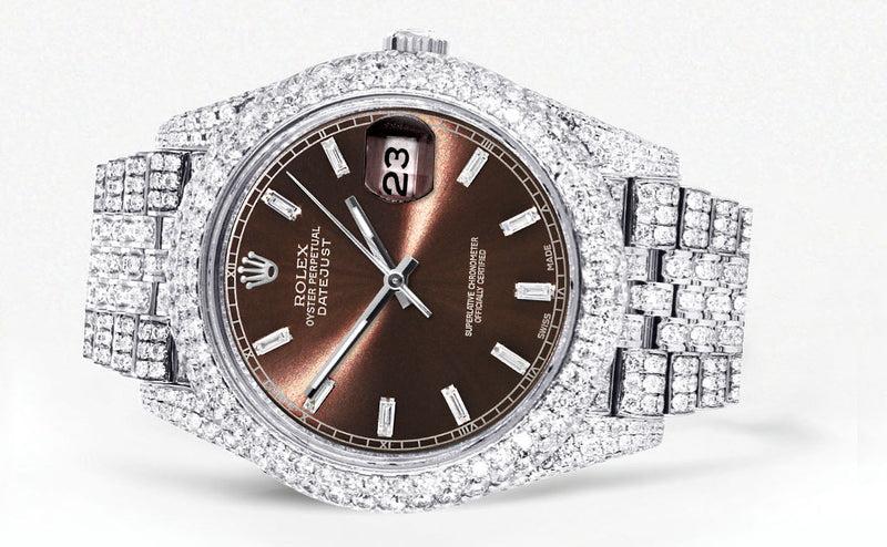 Womens Diamond Iced Out Rolex Datejust 41 | 25 Carats Of Diamonds | Morocco Brown Diamond Dial | Two Row | Jubilee Band