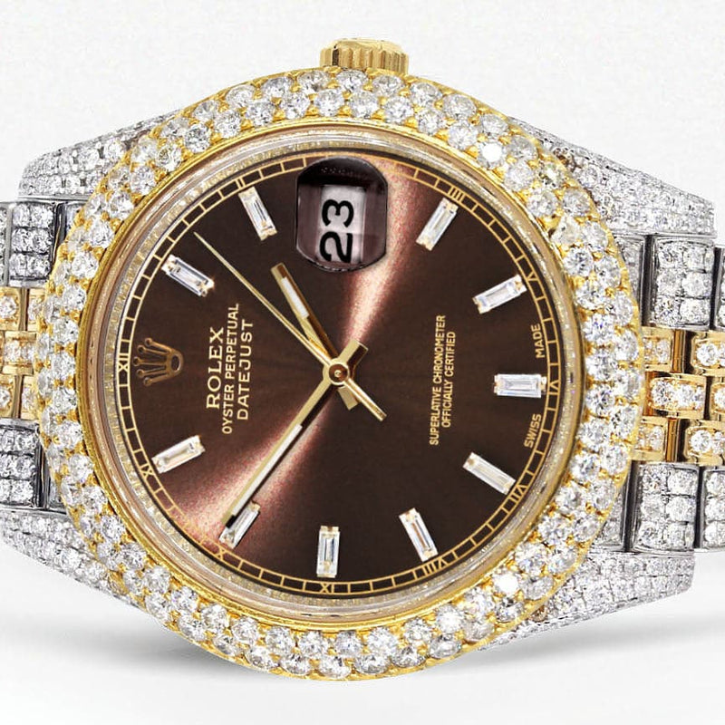 Diamond Iced Out Rolex Datejust 41 | 25 Carats Of Diamonds | Custom Morocco Brown Dial | Two Tone | Two Row | Jubilee Band