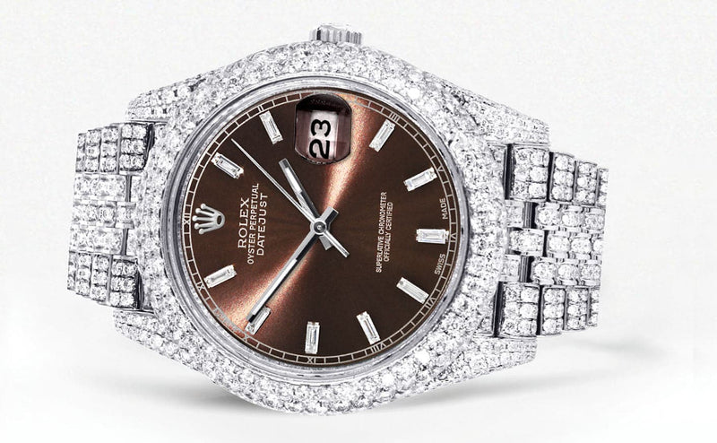 Diamond Iced Out Rolex Datejust 41 | 25 Carats Of Diamonds | Morocco Brown Diamond Dial | Two Row | Jubilee Band