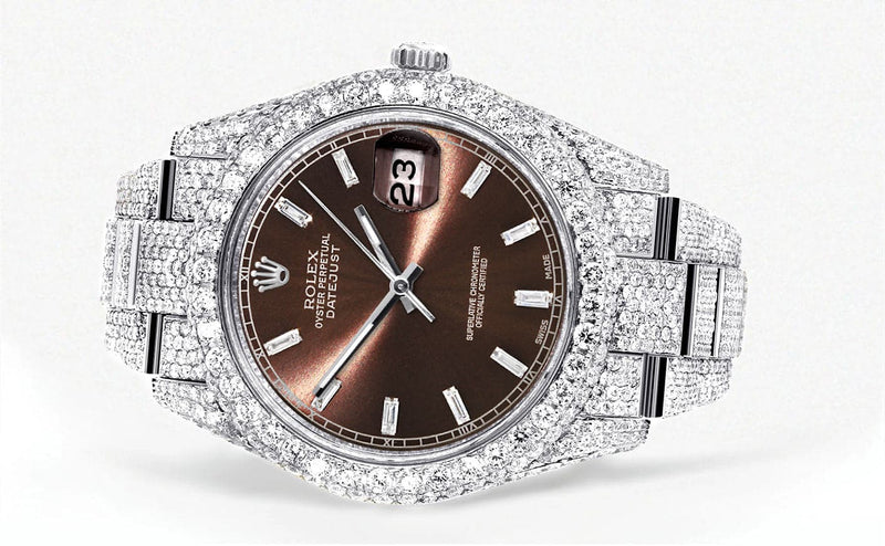 Diamond Iced Out Rolex Datejust 41 | 25 Carats Of Diamonds | Morocco Brown Dial | Two Row | Oyster Band
