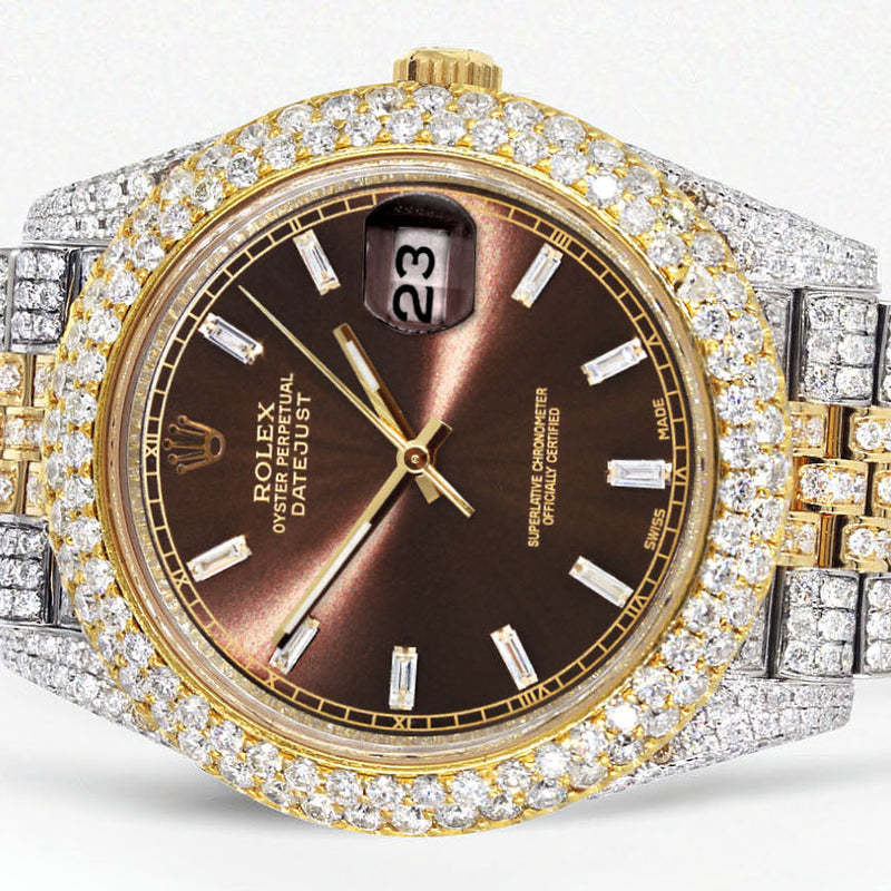 Womens Diamond Iced Out Rolex Datejust 41 | 25 Carats Of Diamonds | Custom Morocco Brown Dial | Two Tone | Two Row | Jubilee Band
