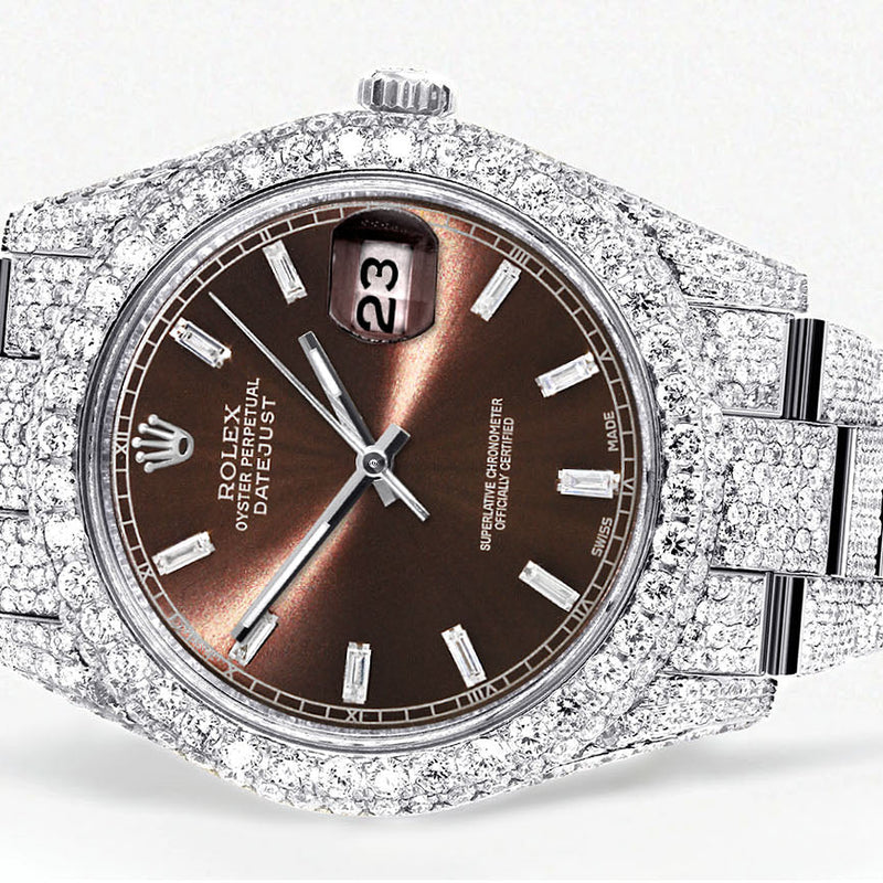 Womens Diamond Iced Out Rolex Datejust 41 | 25 Carats Of Diamonds | Morocco Brown Dial | Two Row | Oyster Band