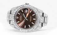 Womens Diamond Iced Out Rolex Datejust 41 | 25 Carats Of Diamonds | Morocco Brown Dial | Two Row | Oyster Band