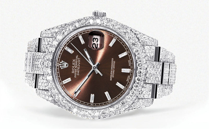 Womens Diamond Iced Out Rolex Datejust 41 | 25 Carats Of Diamonds | Morocco Brown Dial | Two Row | Oyster Band