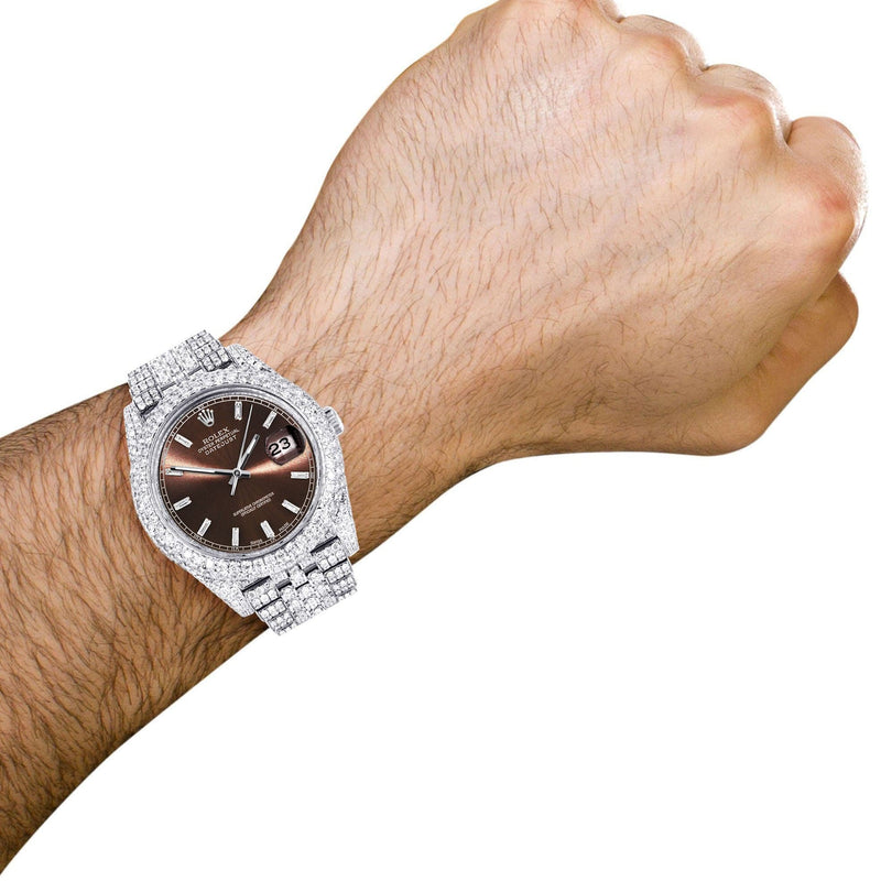 Diamond Iced Out Rolex Datejust 41 | 25 Carats Of Diamonds | Morocco Brown Diamond Dial | Two Row | Jubilee Band