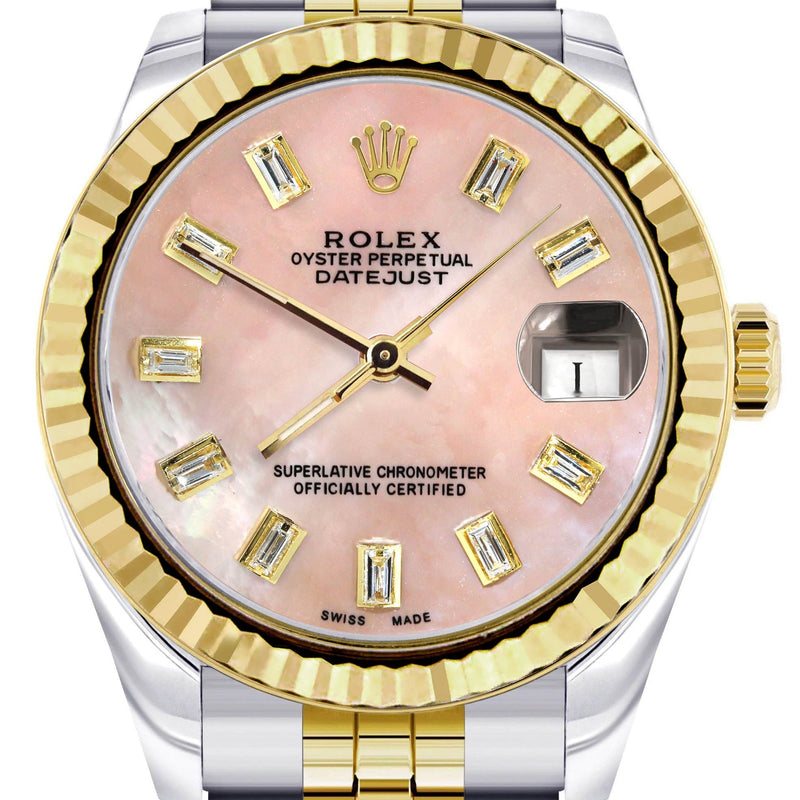 Diamond Gold Rolex Watch | 68273 | Fluted Bezel | 31MM | Pink Mother of Pearl Diamond Dial | Jubilee Band