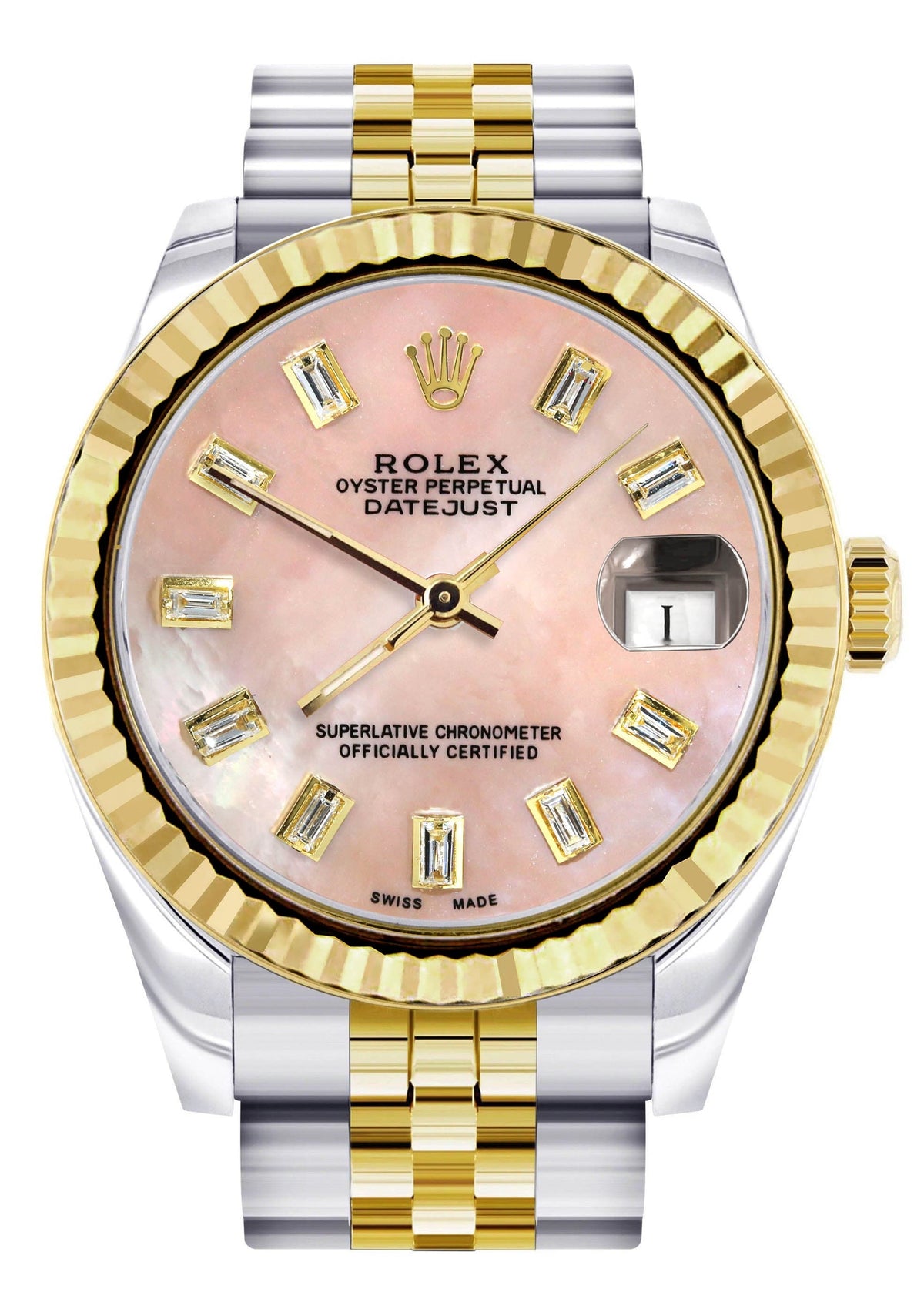 Diamond Gold Rolex Watch | 68273 | Fluted Bezel | 31MM | Pink Mother of Pearl Diamond Dial | Jubilee Band