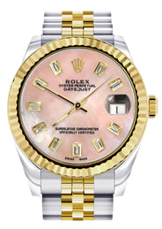 Diamond Gold Rolex Watch | 68273 | Fluted Bezel | 31MM | Pink Mother of Pearl Diamond Dial | Jubilee Band