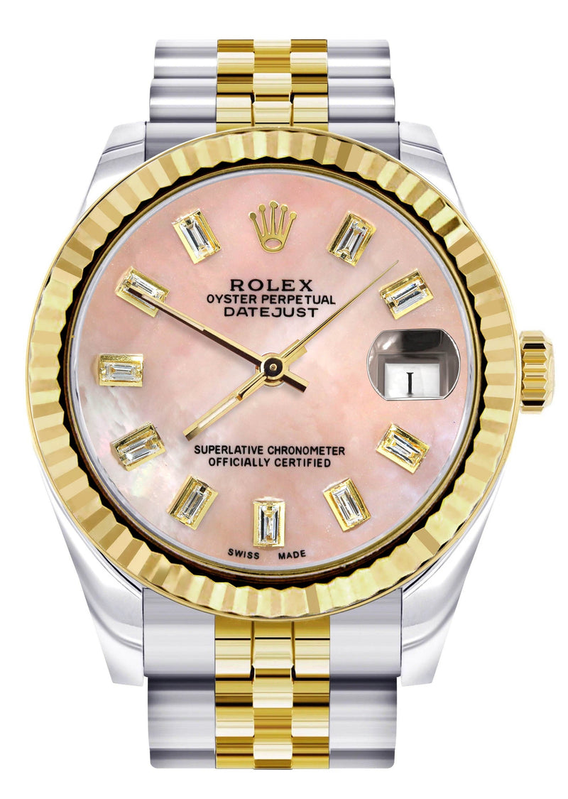 Diamond Gold Rolex Watch | 68273 | Fluted Bezel | 31MM | Pink Mother of Pearl Diamond Dial | Jubilee Band