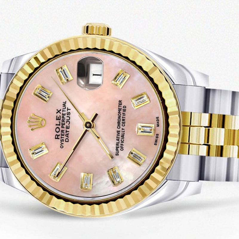 Diamond Gold Rolex Watch | 68273 | Fluted Bezel | 31MM | Pink Mother of Pearl Diamond Dial | Jubilee Band