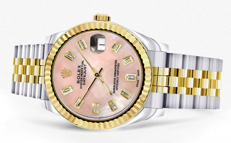 Diamond Gold Rolex Watch | 68273 | Fluted Bezel | 31MM | Pink Mother of Pearl Diamond Dial | Jubilee Band