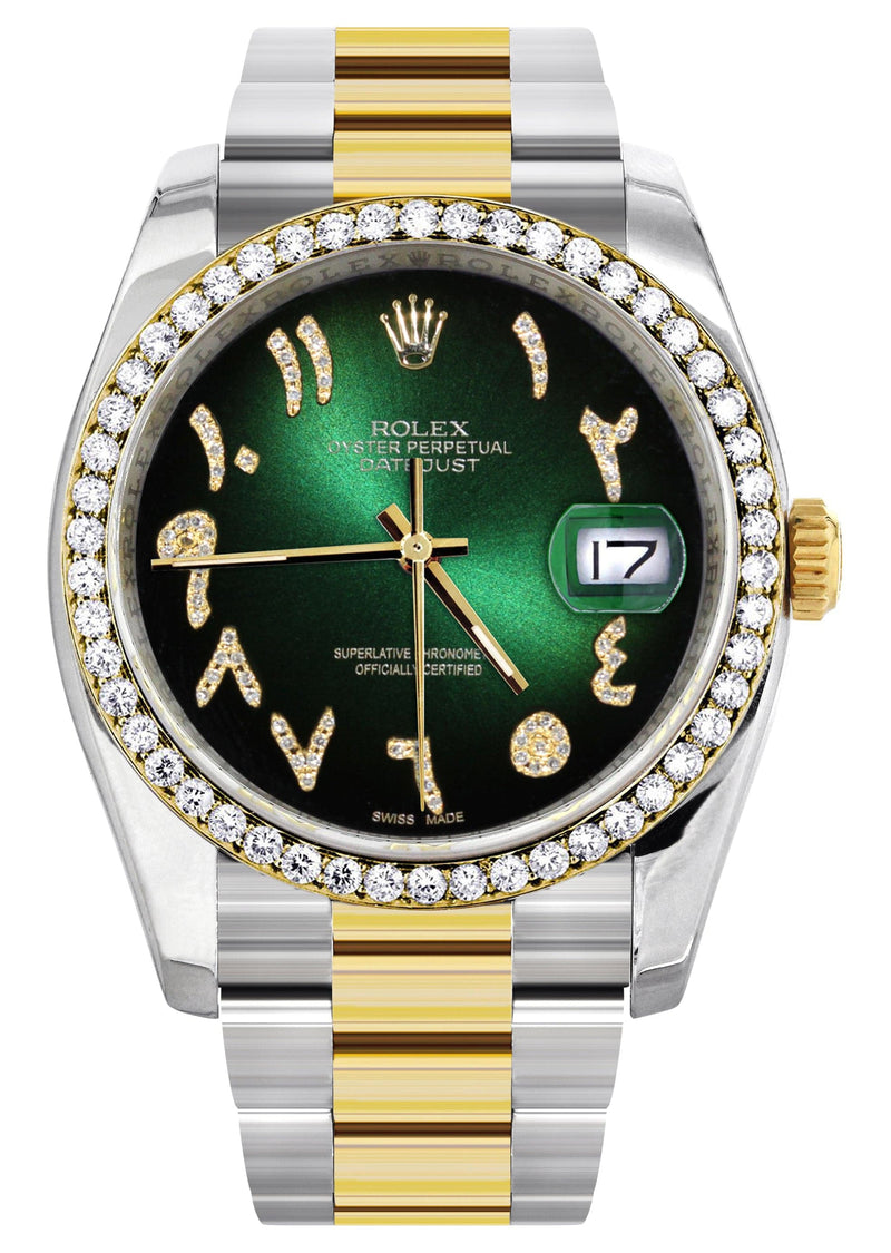 116233 | Gold & Steel Rolex Datejust Watch | 36Mm | Green Black Arabic Diamond Dial | Oyster Band