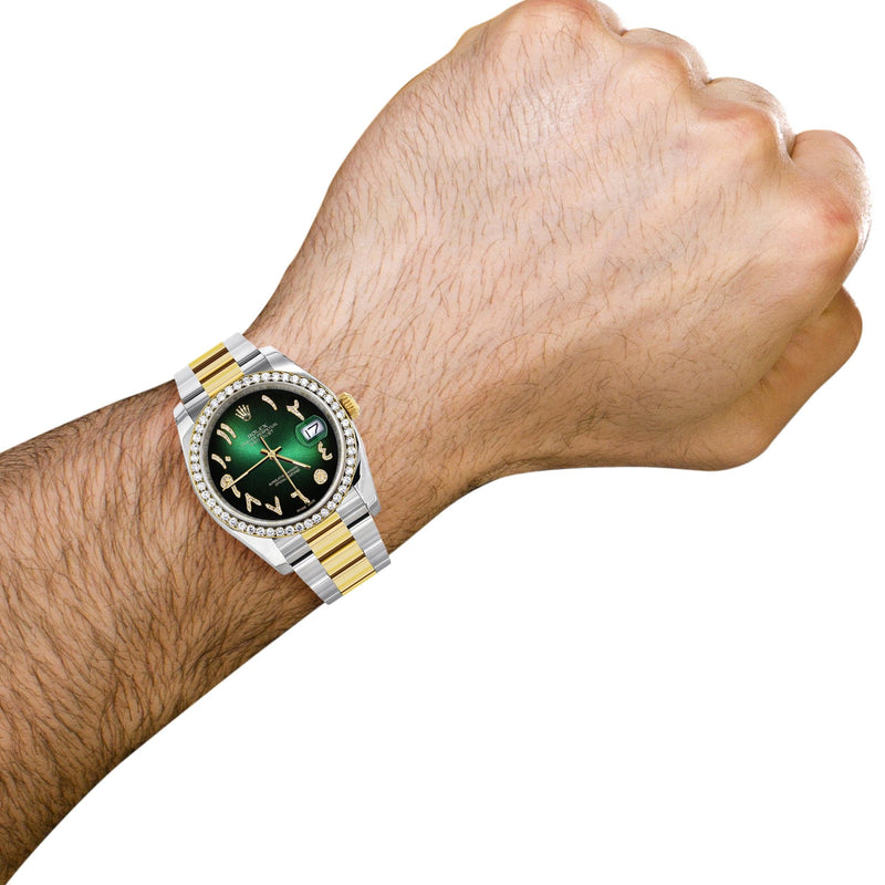 116233 | Gold & Steel Rolex Datejust Watch | 36Mm | Green Black Arabic Diamond Dial | Oyster Band