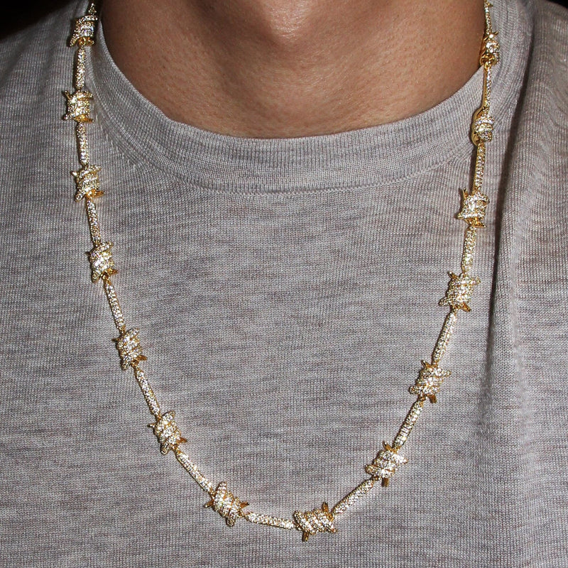 Gold Plated Iced Out Barbed Wire Chain