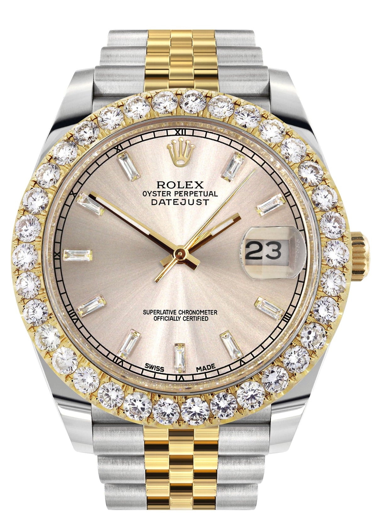 Rolex Datejust 41 Watch | 41 MM | 18K Yellow Gold & Stainless Steel | Custom Crème Baguette Diamond Dial | Jubilee Band