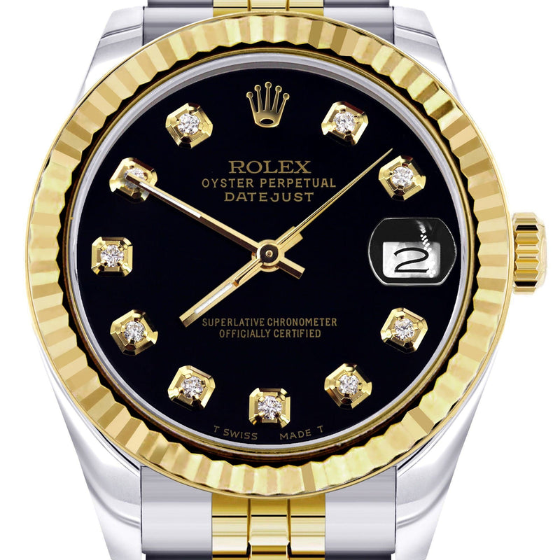 Diamond Gold Rolex Watch | 68273 | Fluted Bezel | 31MM | Black Diamond Dial | Jubilee Band