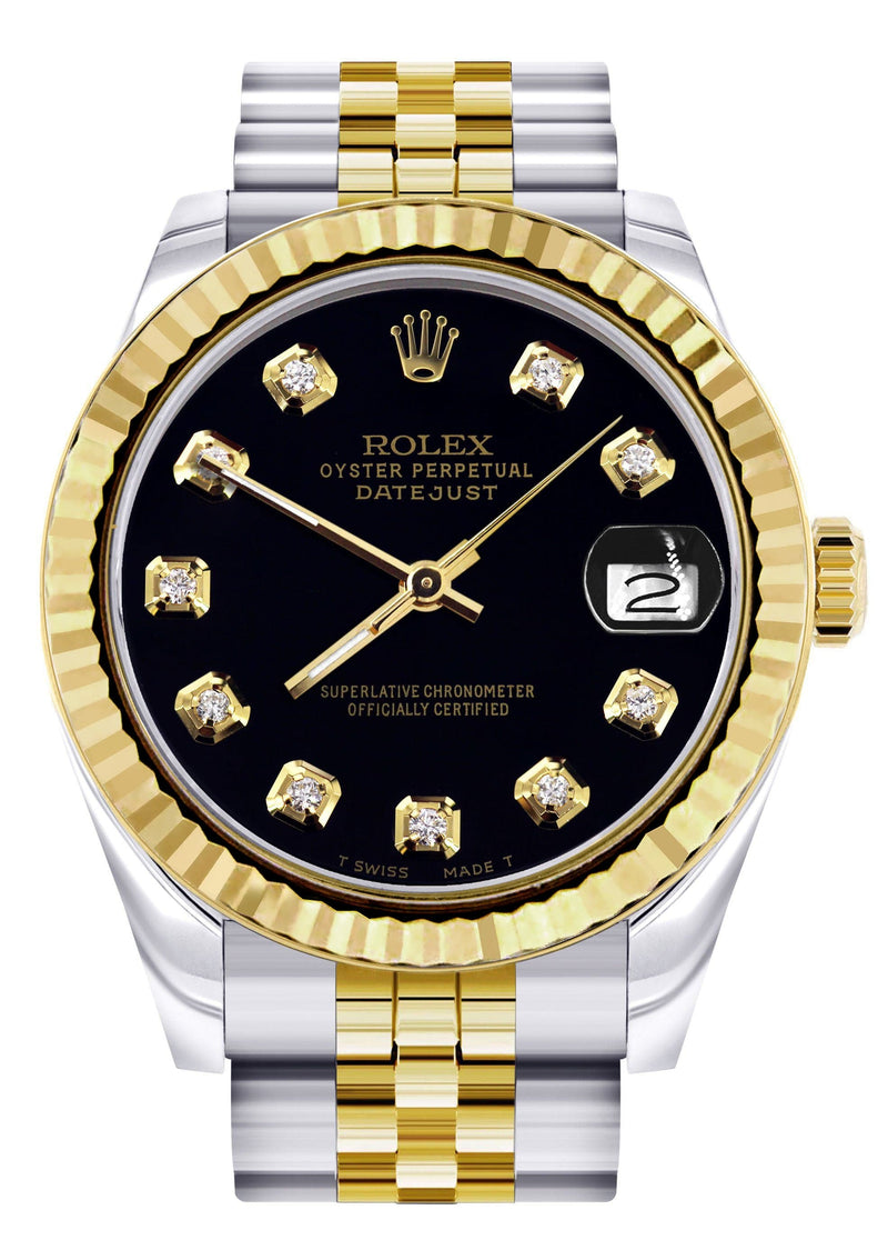 Diamond Gold Rolex Watch | 68273 | Fluted Bezel | 31MM | Black Diamond Dial | Jubilee Band