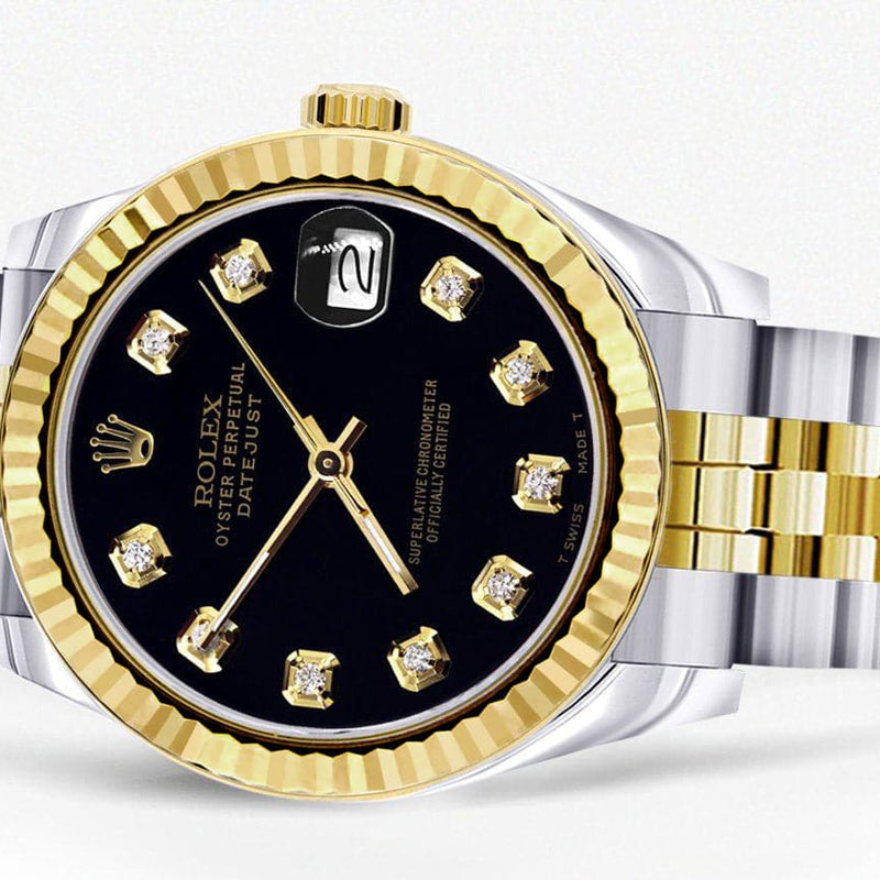 Diamond Gold Rolex Watch | 68273 | Fluted Bezel | 31MM | Black Diamond Dial | Jubilee Band