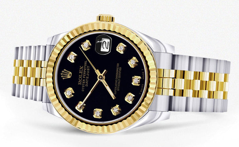 Diamond Gold Rolex Watch | 68273 | Fluted Bezel | 31MM | Black Diamond Dial | Jubilee Band