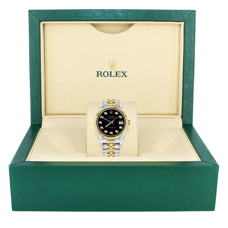 Diamond Gold Rolex Watch | 68273 | Fluted Bezel | 31MM | Black Diamond Dial | Jubilee Band