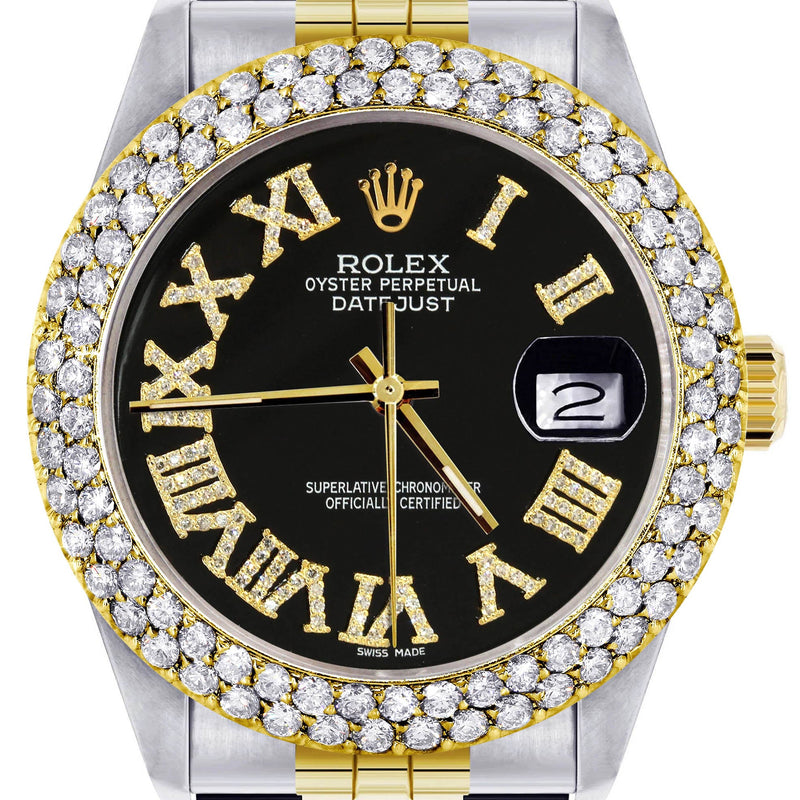 Diamond Gold Rolex Watch For Men 16233 | 36Mm | Black Roman Dial | Two Row 4.25 Carat Bezel | Jubilee Band