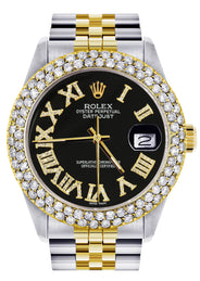 Diamond Gold Rolex Watch For Women 16233 | 36Mm | Black Roman Dial | Two Row 4.25 Carat Bezel | Jubilee Band