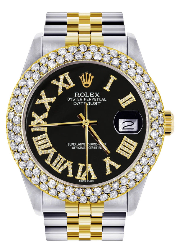 Diamond Gold Rolex Watch For Women 16233 | 36Mm | Black Roman Dial | Two Row 4.25 Carat Bezel | Jubilee Band