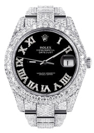 Diamond Iced Out Rolex Datejust 41 | 25 Carats Of Diamonds | Custom Black Roman Numeral Diamond Dial | Two Row | Oyster Band