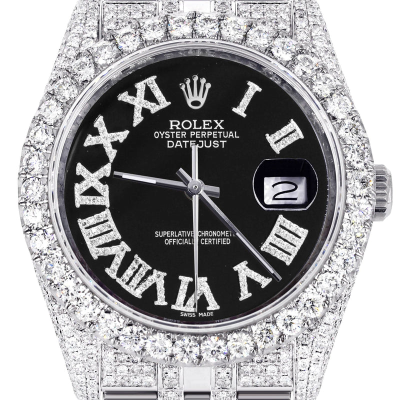 Iced Out Rolex Datejust 36 MM | Stainless Steel | 10 Carats of Diamonds | Black Roman Diamond Dial | Jubilee Band