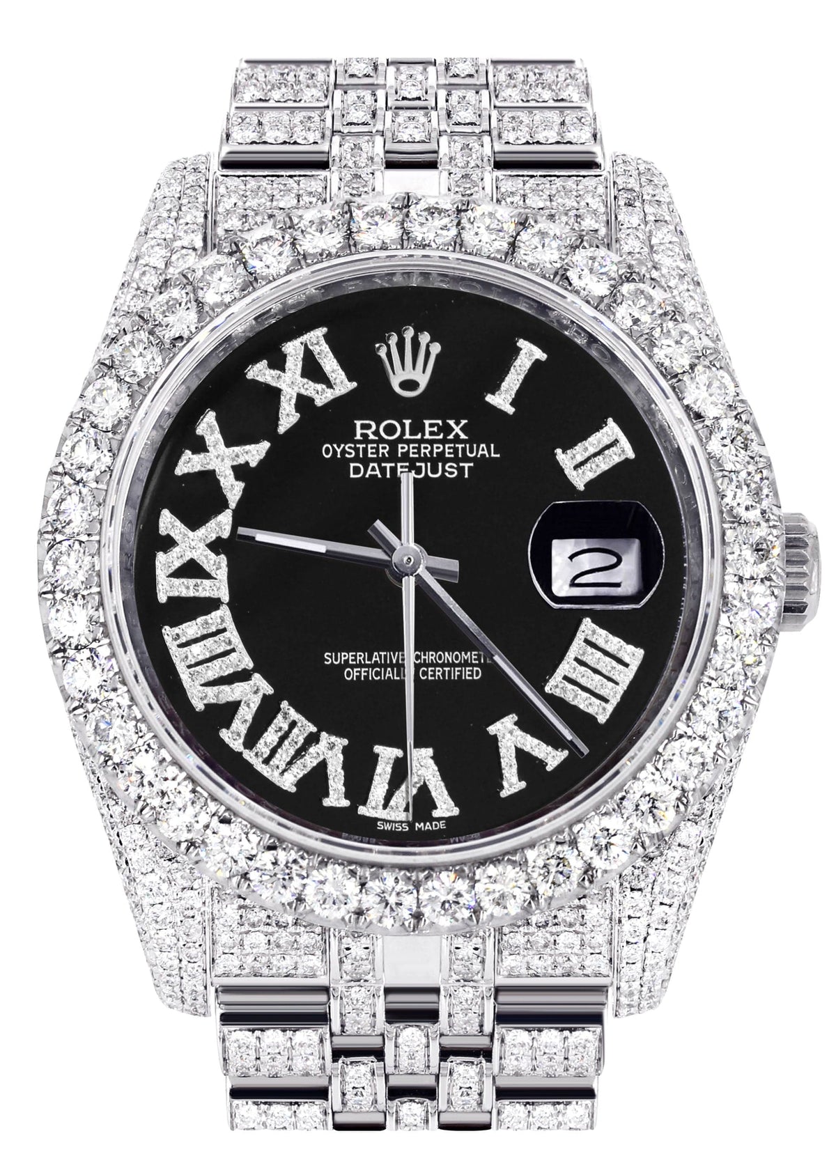 Iced Out Rolex Datejust 36 MM | Stainless Steel | 10 Carats of Diamonds | Black Roman Diamond Dial | Jubilee Band