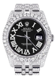 Iced Out Rolex Datejust 36 MM | Stainless Steel | 10 Carats of Diamonds | Black Roman Diamond Dial | Jubilee Band
