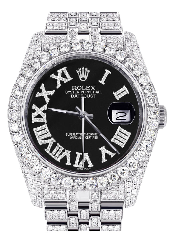Iced Out Rolex Datejust 36 MM | Stainless Steel | 10 Carats of Diamonds | Black Roman Diamond Dial | Jubilee Band