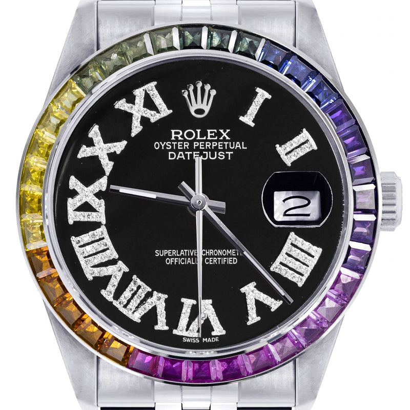 Diamond Gold Rolex Watch For Men 16200 | 36Mm | Rainbow Sapphire Bezel | Black Roman Numeral Dial | Jubilee Band