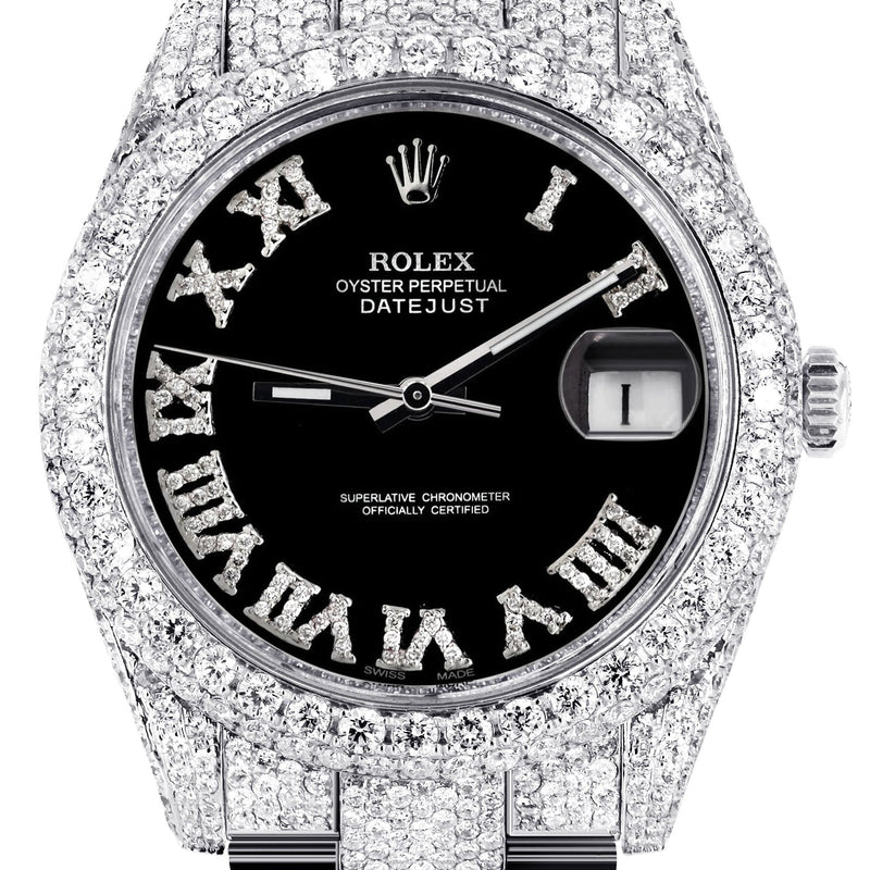 Womens Diamond Iced Out Rolex Datejust 41 | 25 Carats Of Diamonds | Custom Black Roman Numeral Diamond Dial | Two Row | Oyster Band