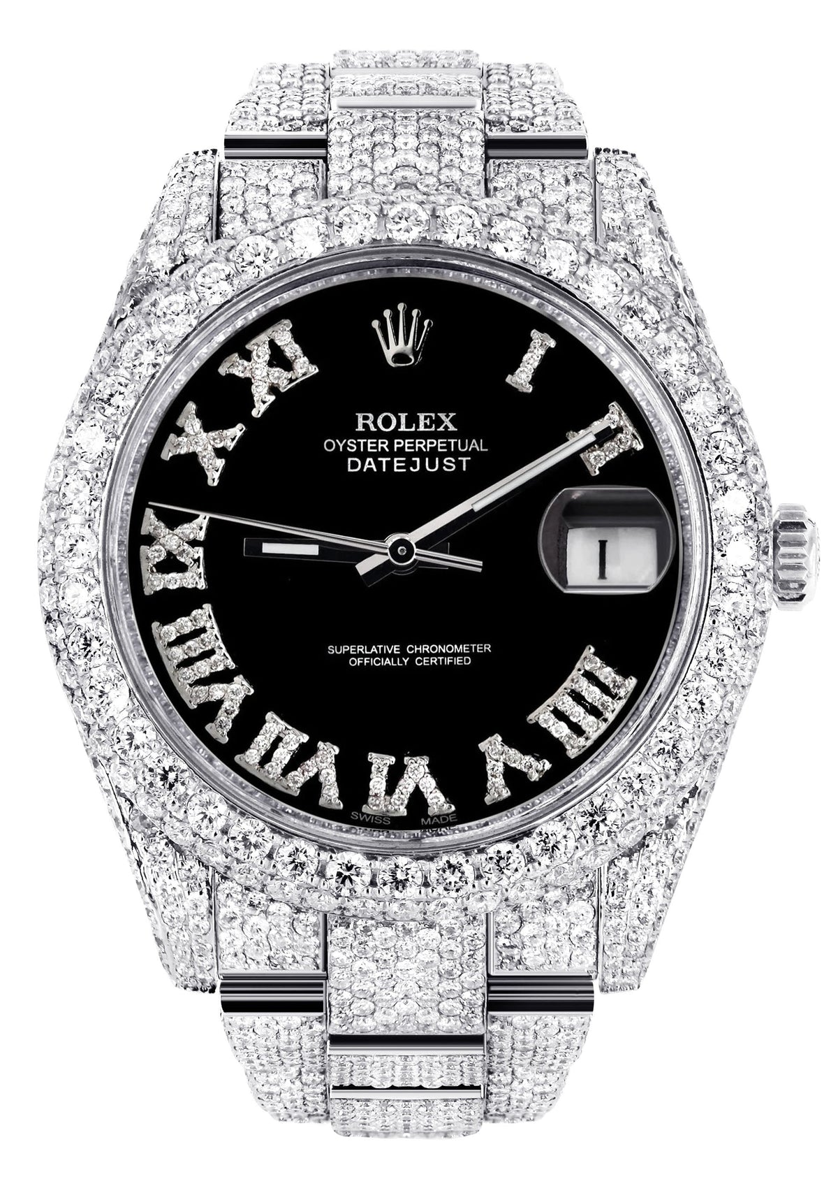 Womens Diamond Iced Out Rolex Datejust 41 | 25 Carats Of Diamonds | Custom Black Roman Numeral Diamond Dial | Two Row | Oyster Band