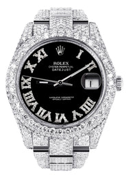 Womens Diamond Iced Out Rolex Datejust 41 | 25 Carats Of Diamonds | Custom Black Roman Numeral Diamond Dial | Two Row | Oyster Band