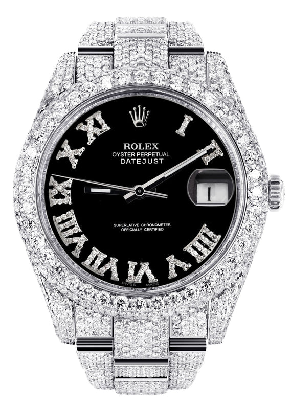 Womens Diamond Iced Out Rolex Datejust 41 | 25 Carats Of Diamonds | Custom Black Roman Numeral Diamond Dial | Two Row | Oyster Band